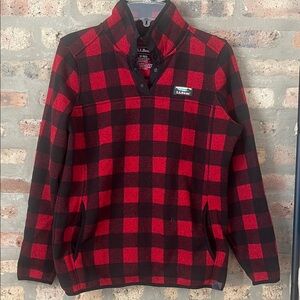 L.L. Bean Red and Black Buffalo Check Snap Pullover Fleece Plaid Sweater Jacket